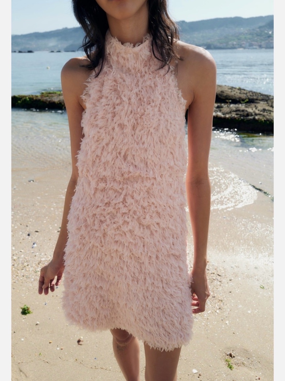 Zara Pale Pink Fuzzy Halter Mini Dress